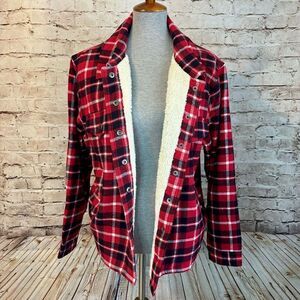 Lucky Brand Lined Shacket Plaid Flannel Button Down Red Black Womens Size XL NWT